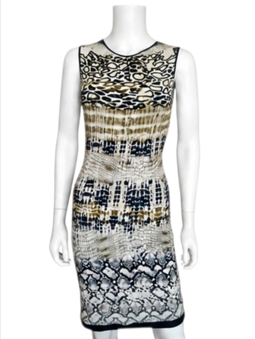 GIAMBATTISTA VALLI | Ivory Black Silk Linen Animal Print Sheath Dress
